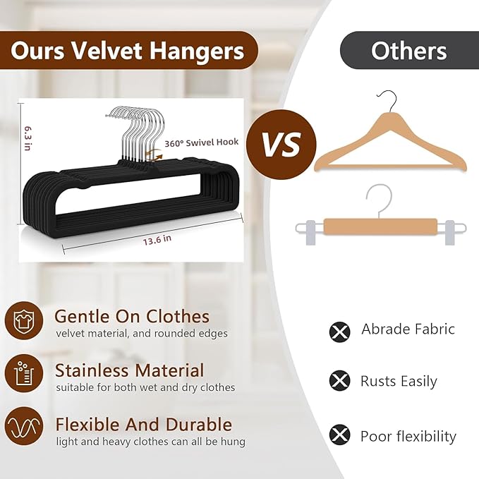 100 Pack Velvet Hangers Non Slip, Felt Pants Hangers Thin Space Saving | Clothes Hanger Flocked Strong Durable Ganchos Para Colgar Ropa with 360°Swivel Hook for Pants Jeans Shorts Tank Top, Black - Image 3