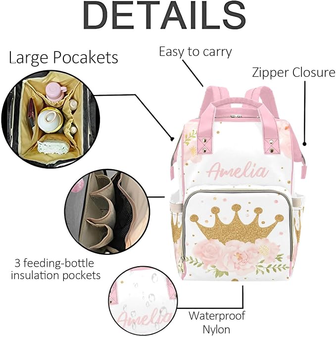 Personalized Crown with Flower Diaper Bag Backpack with Name – Waterproof Custom Baby Nappy Bag with Large Capacity & Multi Pockets – Shower Gift for Baby for New Parents - Image 5