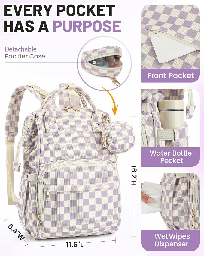 Corduroy Diaper Bag Backpack, Large Capacity Multifunction Baby Diaper Bags for Women, Insulated Bottle Pockets & Pacifier Case, Stylish Travel Nappy Changing Bags for Mom Dad (Checkered Purple) - Image 5