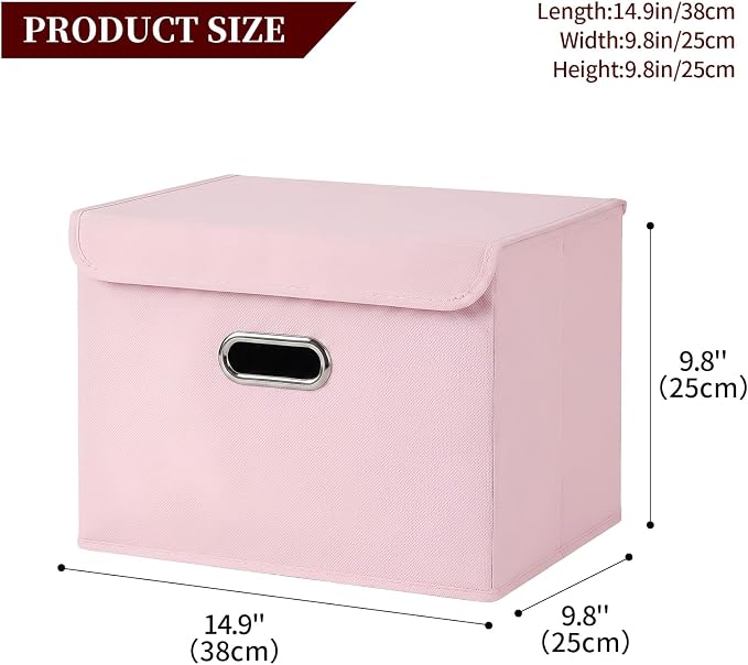STOREONE Fabric Storage Cube Bins Foldable Organizer Container Collapsible Basket with Lids and Metal Handles, for Home, Bedroom, Closet 3 Pcs (multicolour-light pink) - Image 2