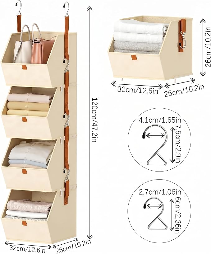 8-Tier Beige Detachable Hanging Closet Organizer 2 Pack Fabric Shelves | Heavy-duty reinforced rods prevent sagging, even with bulky items - Image 3