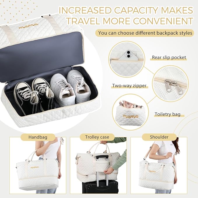 Dansydaisy Mama Hospital Bag for Women Labor Delivery,White | Travel Duffle Bag with Shoe Compartment and Toiletry Pouch Waterproof Weekender Bag for Women Pregnancy Overnight Gym Gift - Image 3