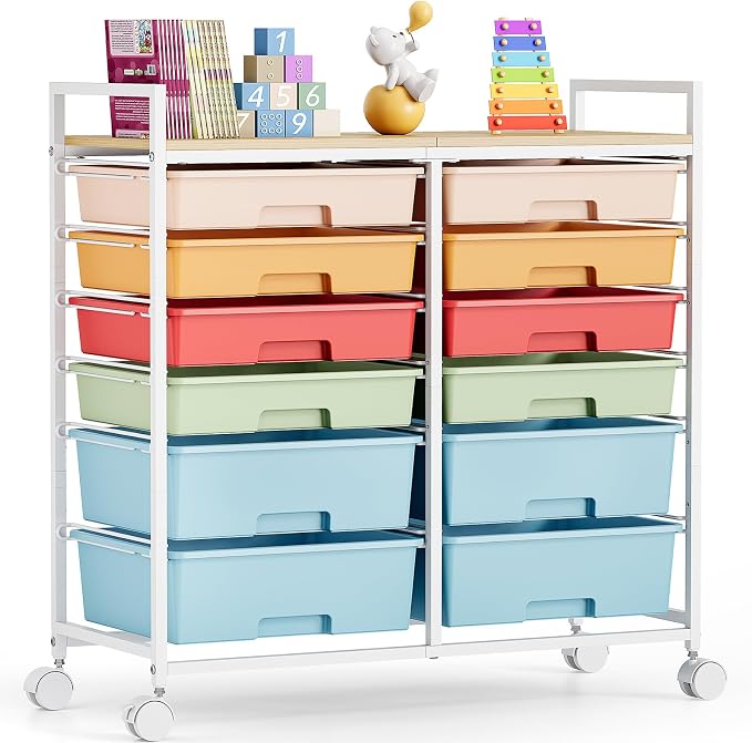 TOOLF 12 Drawers Rolling Storage Cart with Wooden Top for Classroom,Rainbow | Teacher Cart Craft Art Supply Organizer, Utility Cart with Lockable Wheels for Home Household Essentials, Office Organization by TOOLF