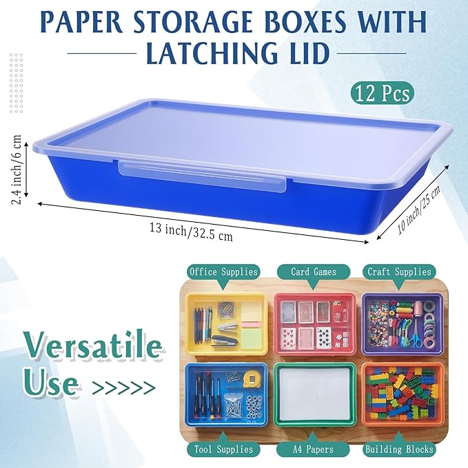 12 Pcs Classroom Paper Storage Bins with Clear Latching Lids Labels, Letter Size Stackable Flat Trays Container Paper Organizer for Teacher Back to School Office Arts Crafts (Rainbow,13x10in) - Image 2