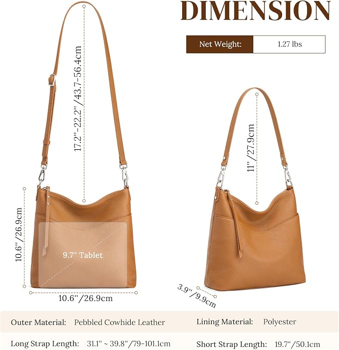 S-ZONE Leather Purses for Women Tote Shoulder Crossbody Bag 2 Straps | Top Grain Leather, Soft, Medium, Bucket Hobo Handbag, Multi Pockets, Vintage Casual, Travel Eveyday Work - Image 4