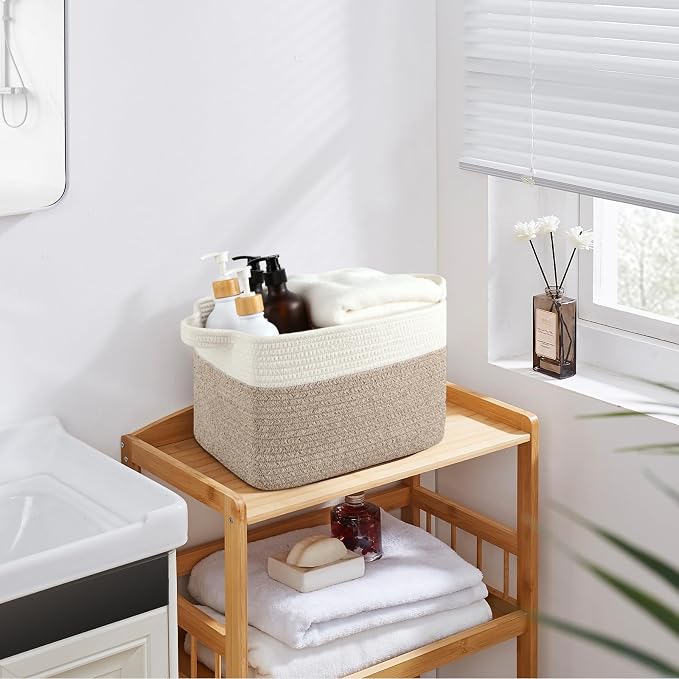 OIASKET Storage Baskets for Organizing, Woven Baskets for Shelves, Rectangle Decorative Organizer for Storage Clothes, Toy, Books, Towels Nursery Bins 3 Pack (Brown & White, 13"x9.85"x8.7") - Image 4