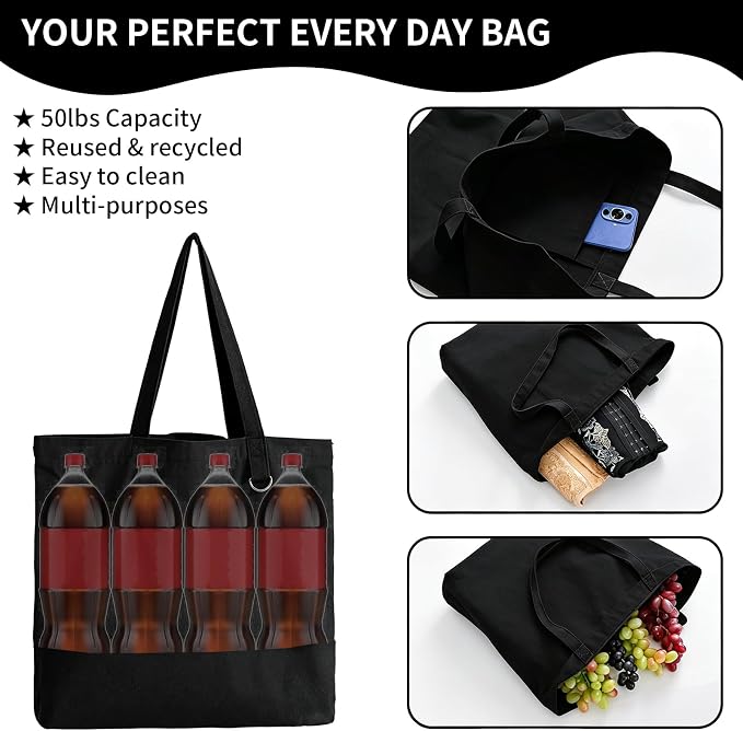1 Pack Canvas Tote Bag with Zipper, Large Grocery Tote, All Black | Reusable, washable, inner pocket, flat bottom, sturdy handle, for sublimation DIY/transfer, travel/beach/gift/Christmas craft - Image 3
