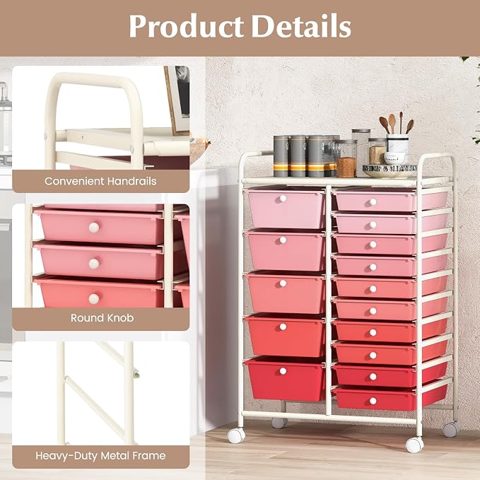 COSTWAY 15 Drawer Rolling Storage Cart, Mobile Storage Organizer | Removable Drawers & Metal Frame, Multipurpose Utility Tools Paper Organizer on Wheels for Home, Office (Mixed Pink) - Image 6