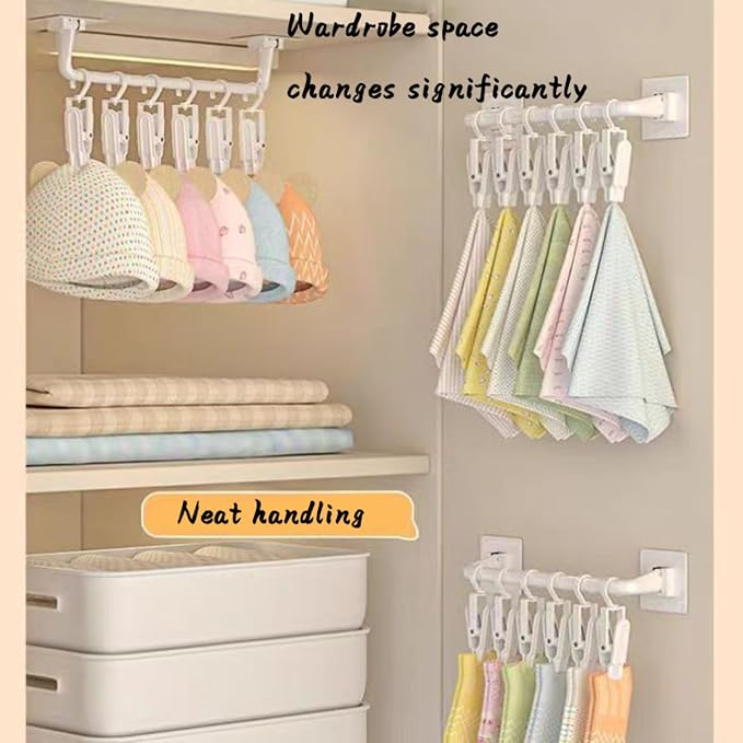 Kid Pants Hanger Organizer with 10 Clips - White & Plastic | Baseball Cap Display Holder, Closet Rail Wall Mounted Door Rack for Drying Baby Socks, Towel, Hats, Toddler Leggings - Image 5