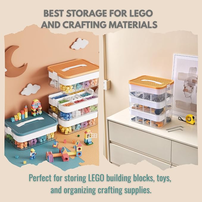 3-Tier Stackable Toy Storage with Building Block Lid & Bricks Organizer | Kids Toy Chest & Block Organizer Bin for Building Bricks, Plastic Storage Box & Toy Organizer for Playroom Organization - Image 6