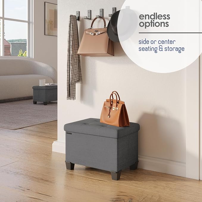 Storage Ottoman Cube with Small Bin, 16-in Square Ottoman with Storage for Living Room and Bedroom, Small Ottomans Foot Rest, Fabric Foot Stools Ottomans Max 330lbs, Grey - Image 6