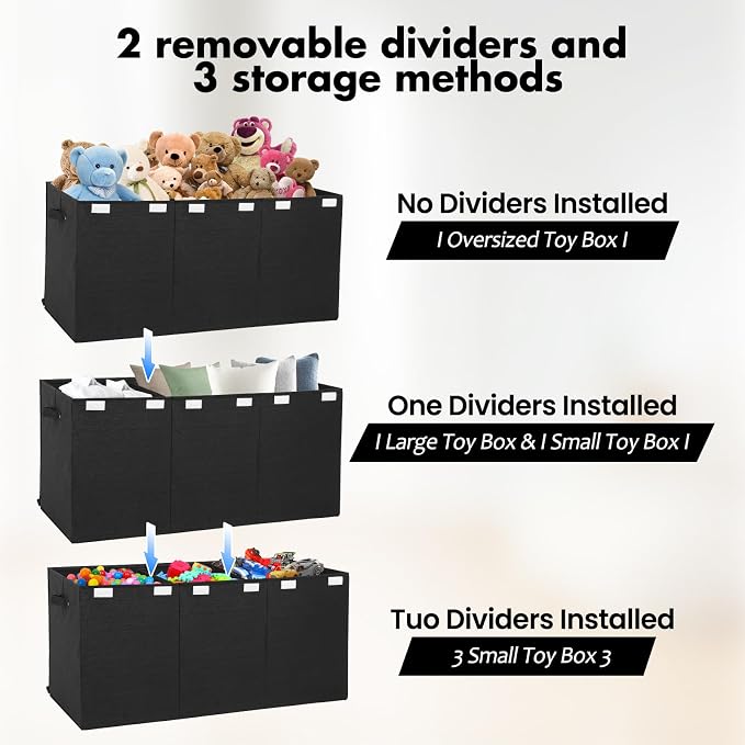 167L Large Toy Box Chest Storage with Lid, Collapsible Kids Toy Storage | Toy Chest with with Removable Divider for Kids, Boys, Girls, Nursery, Living Room, Bedroom, 35.5"x17" x17" (Linen Black) - Image 3