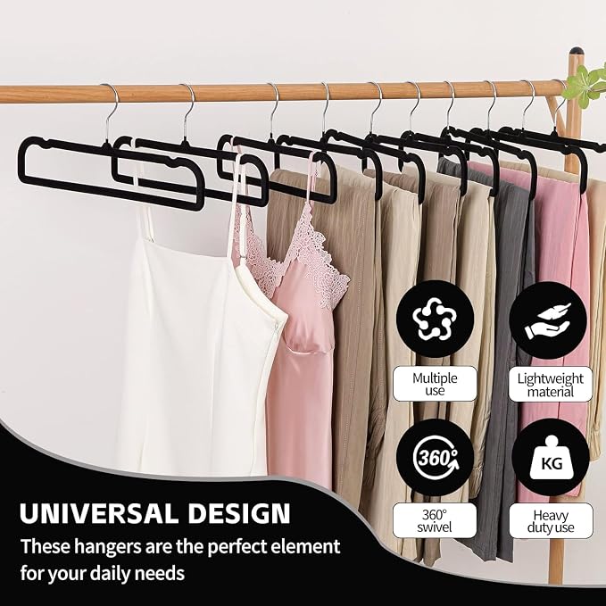 20 Pack Velvet Pants Hangers for Closet Space Saving, Thin Hanger (Black) | 35cm(L) Heavy Duty Flocked Trouser Hangers, Durable, Clothes Hanger with Silver Swivel Hook, Jean Hangers for Women and Men - Image 9