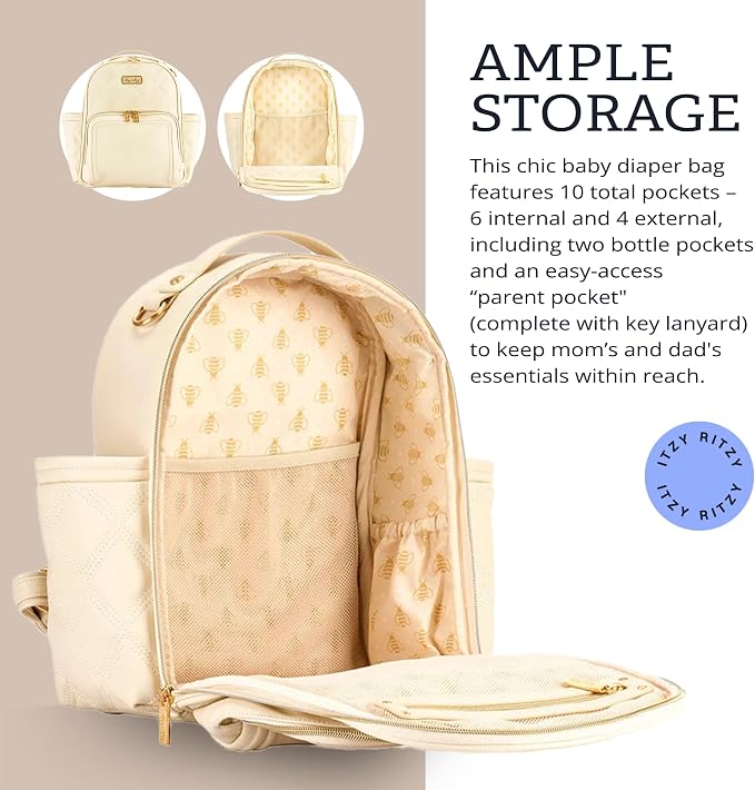 Itzy Ritzy Mini Diaper Bag Backpack – Chic, Compact Mini Plus Backpack with Changing Pad, 10 Pockets (6 Internal, 4 External), Grab-Top Handle & Rubber Feet (Milk & Honey) - Image 6