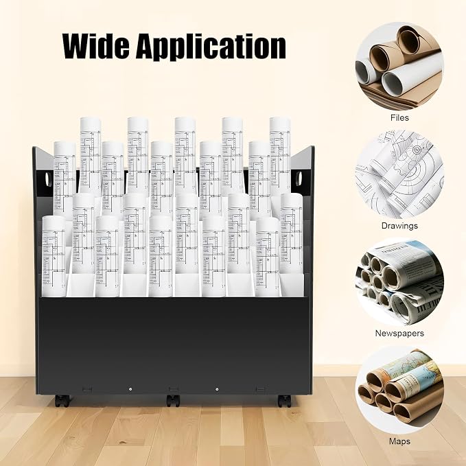 Blue Print Storage Organizer with Wheels, 50 Slots Mobile Blueprint Storage Rack Cart, Construction Plan Holder Roll Files Cart Map Poster Storage Cabinet for Office Home School, Black - Image 7
