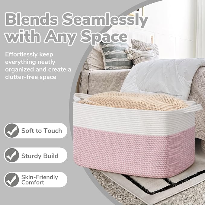 Goodpick Large Woven Rope Blanket Basket, Rectangle, White & Pink | 21.6'' x 14.9'' x 11.8'' Storage Basket for Baby Toys & Kids Essentials, Nursery & Bedroom Organization, Reinforced Handles - Image 5