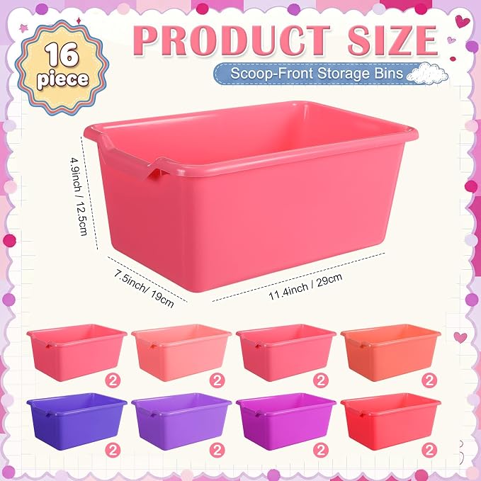 16 Pcs Cubby Bins for Classroom Plastic Book Bins,Pink Series | Storage Bins for Classroom Library, Plastic Stackable Toy Tubs Containers for School Office Home Nursery Playroom - Image 2