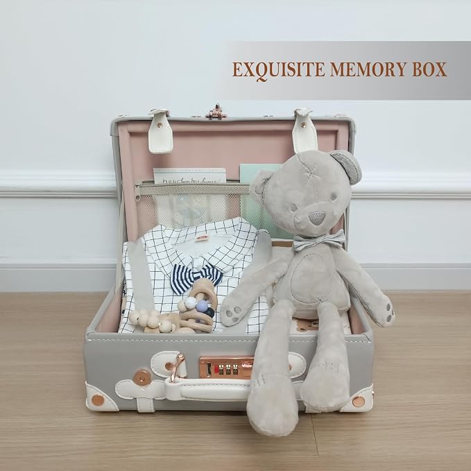 Unitravel Baby Keepsake Case, 13" Handmade Memory Storage Box, Newborn Keepsake Box, Vintage Suitcase for Baby Shower, Baptism, Naming Ceremony or Birthday (grey) - Image 4
