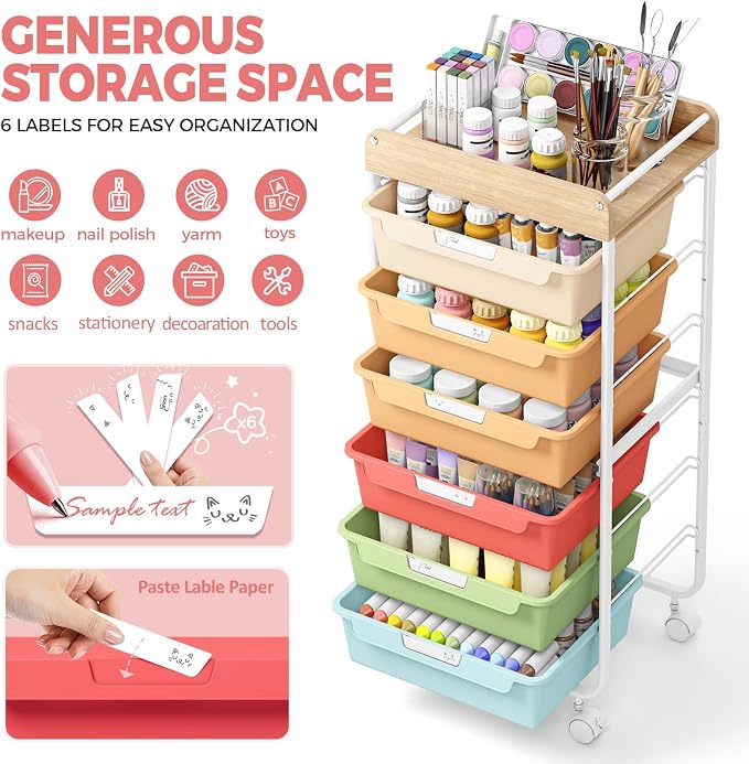 SYKIARIOL Rolling Cart with 6 Drawers,Craft Organizer and Storage,Rainbow | Utility Storage Cart with Drawers,Art Cart,Makeup Organizer With Wooden Tabletop - Image 4