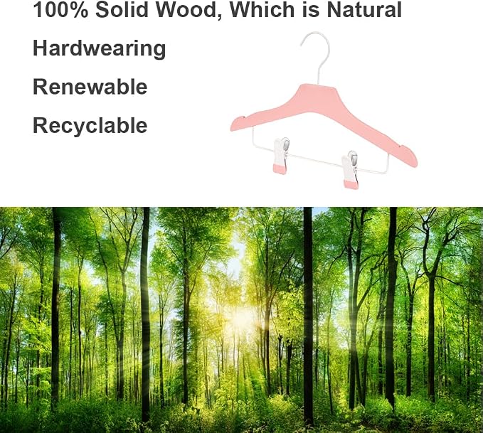 Pink 12.7" Ultra-Thin Wooden Children Closet Clothes Clips Hangers 20PCS Wood Baby Kids Coat Hangers for Infant Toddler Newborn Jumpsuit Pants Skirts Jeans Space Saving Heavy Duty Durable - Image 8