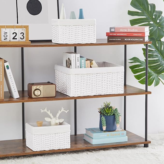 Wicker Basket, Set of 3 Hand-woven Storage Baskets for Organizing, Decorative Rectangle Wicker Storage Basket Bins with Handles, Small Toilet Paper Storage Baskets for Shelves & Decor, White - Image 2