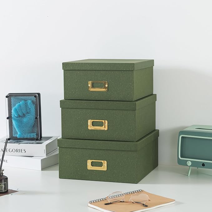 Soul & Lane - Green Decorative Memory Storage Boxes with Lids, Set of 3 | Square Stacking Kraft Photo Storage with Gold Label Holders, Large Nesting Cardboard Boxes for Office, Crafts and Paper - Image 6