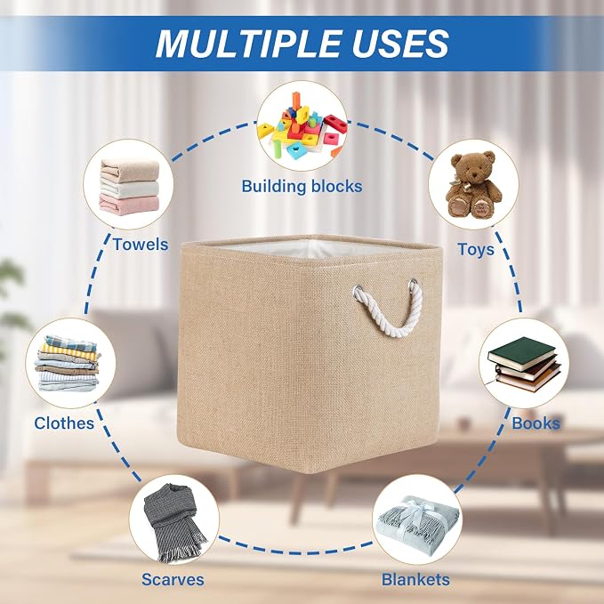 Temary Storage Baskets for Shelves 13 Inch Baskets for Gifts Empty, 4 Pack Shelf Baskets Decorative Storage Baskets Cube Collapsible Storage Bins Cubes with Handles for Storage (Linen Yellow) - Image 2