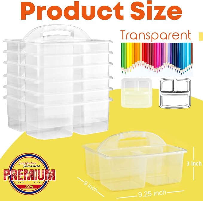 ALINK Plastic Classroom Caddy Organizer with Handle, 6-Pack 3 Compartments Portable Plastic Storage Caddy for Classroom Organization, Table, Desk, Office, Craft Art, Teacher Supply - Clear - Image 2