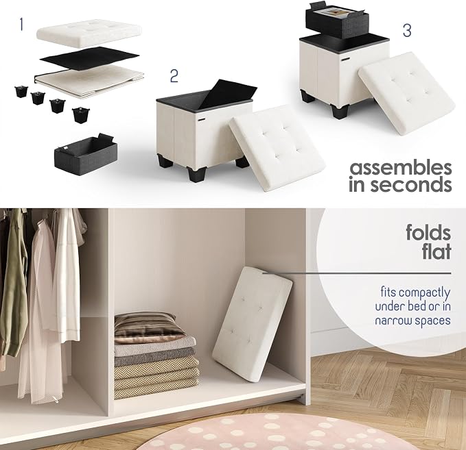 Storage Ottoman Cube with Small Bin, 15-in Square Ottoman with Storage for Living Room and Bedroom, Small Ottomans Foot Rest, Velvet Foot Stools Ottomans Max 330lbs, Cream - Image 3