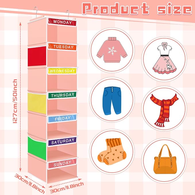 2 Pcs 7 Shelf Weekly Clothes Organizer for Kids Hanging Closet Organizer 11. 8 x 11. 8 x 50 Inch Daily Activity Kids Clothes Storage Drawers Cube Drawers Closet Hanging Shelves(Orange Pink) - Image 2