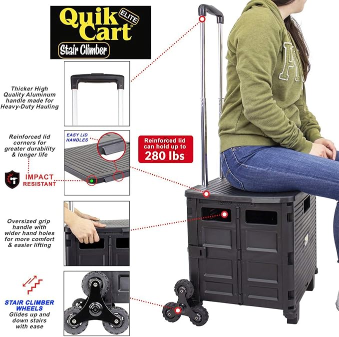 dbest Products Quik Cart Elite Stair Climber Rolling Crate - Black | Collapsible, with Wheels, 120 lbs Capacity, Heavy Duty, Telescoping Handle, Folding Utility Cart with Seat - Image 5