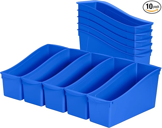 ECR4Kids Linking Plastic Storage Book Bin, Multipurpose Organization, Blue, 10-Piece | Durable plastic with built-in handles, interlocking, nestable, ideal for books, magazines, and files in a classroom or office by ECR4Kids
