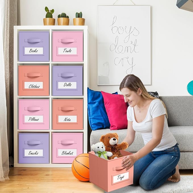Teenyyou 10 Pack Fabric Storage Cubes 11 Inch Collapsible Cube Bins with Label Window & Handle Foldable Organizers Baskets for Shelf Closet Nursery Kids Room Clothes Book Toy(Gentle Pink Purple) - Image 6