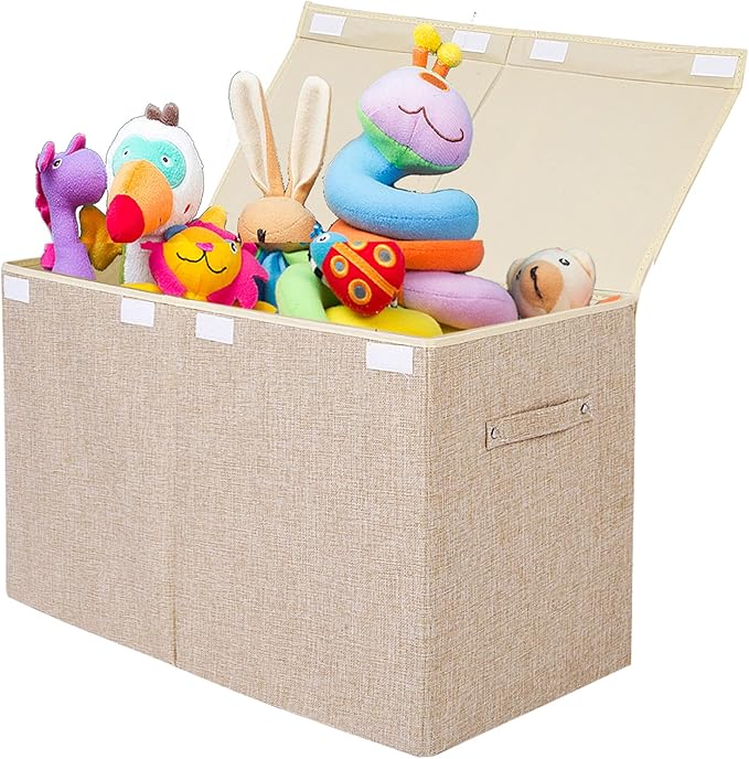 Large Toy Box Chest Storage with Flip-Top Lid, Kids Toy Storage Bin Boxes | Toy Chest with Rivets Handles for Kids, Boys, Girls, Nursery, Playroom, Living Room, Bedroom, 25"x 13" x 16" (Linen Beige) by popoly