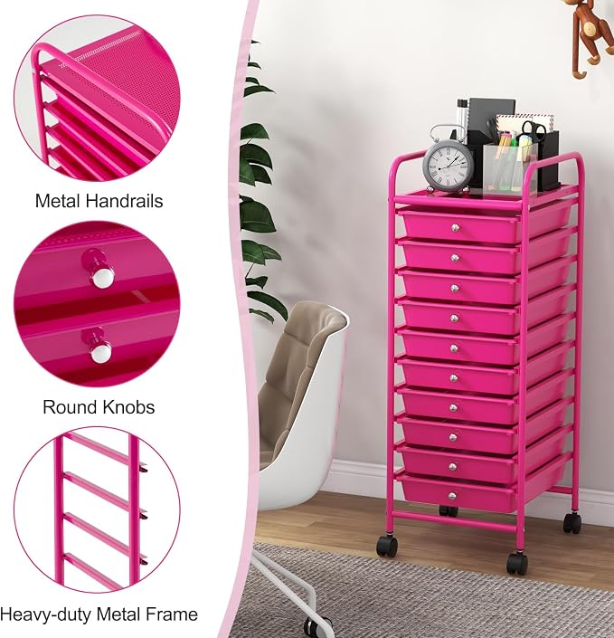 GOFLAME 10-Drawer Rolling Storage Drawer Cart, Utility Cart with Removable Drawers & Metal Frame, Mobile Art Craft Drawer Cart with Lockable Wheels for Home, Office, Studio, School, Hot Pink - Image 4