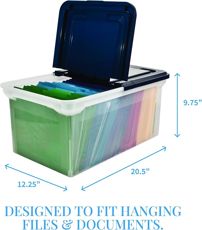Innovative Storage Designs 55797 File Tote with Hinged Lid, Letter, Plastic, Clear/Navy - Image 3