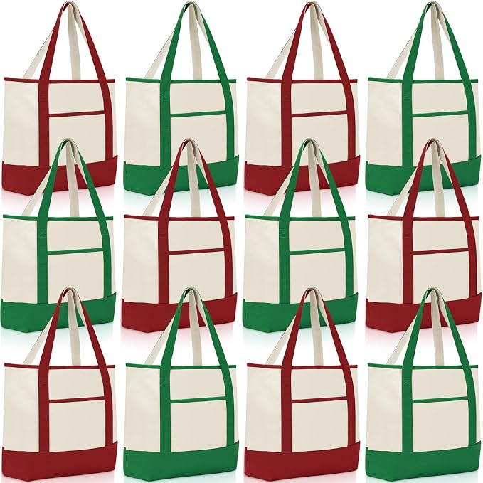 Sanwuta Canvas Tote Bags Bulk with Outer Pockets,Red Green,12 Pack | Reusable Cotton Grocery Bags, Perfect for Teachers, Party Giveaways, DIY Crafts, Wedding Favors, Business Gifts by Sanwuta