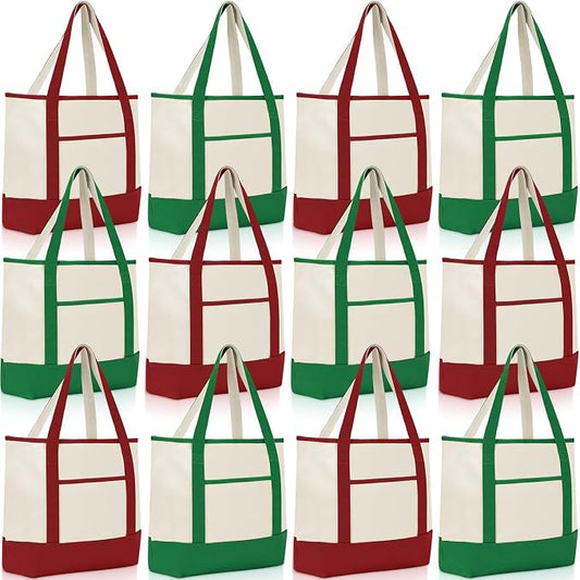 Sanwuta Canvas Tote Bags Bulk with Outer Pockets,Red Green,12 Pack | Reusable Cotton Grocery Bags, Perfect for Teachers, Party Giveaways, DIY Crafts, Wedding Favors, Business Gifts by Sanwuta