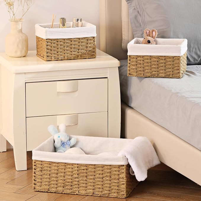 Wicker Storage Basket, 3-Pack Woven Paper Rope Wicker Baskets with Handles, Large Wicker Basket Cube Storage Bins with Liners, Storage Baskets for Organizing Shelves & Decor, Natural - Image 7