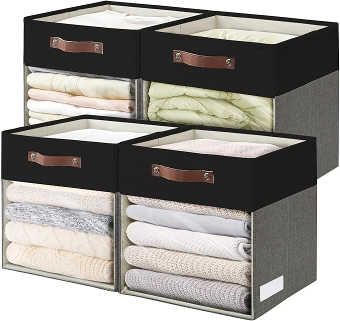 Storage Cubes, 4 Pack Linen Foldable Storage Bins (13 x 13 inch) with Clear Window and Handles, Fabric Organizer for Shelf Closet, Clothes, Books - (Gray and Black) by Bagnizer