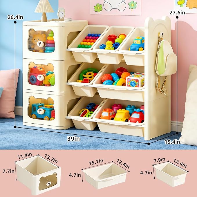 Toy Storage Organizer and Bookshelf, Large 3 Tier Book Shelf W/7 Toy Bins and 3 Drawers, Cute Bear Toy Organizers Box Bookcase for Nursery, Playroom, Bedroom, Kindergarten - Image 2