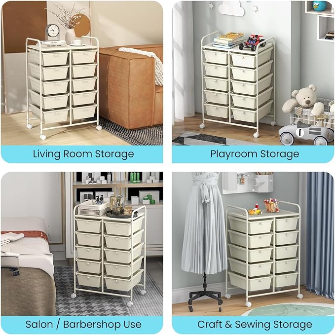 10 Drawer Rolling Cart, Storage Cart Organizer on Wheels, Drawer Cart with Metal Frame & Large Storage Capacity, Rolling Cart with Drawers for Living Room Classroom, Office - Image 9