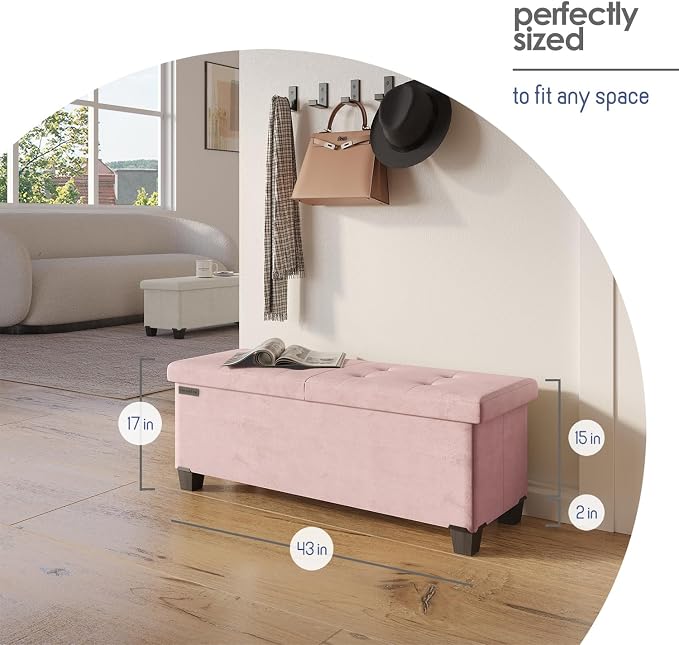 Storage Ottoman Bench with Bins, 43-in Storage Bench for Bedroom End of Bed, Folding Foot Rest Ottoman for Living Room Max 660lbs, Velvet Ottomans, Pink - Image 2