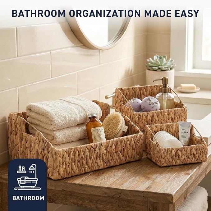Ornavo Home 3-Pack Water Hyacinth Storage Baskets with Handles, Natural | Handwoven Decorative Natural Organizer For Shelves, Pantry, Closet Or Living Room - Image 6
