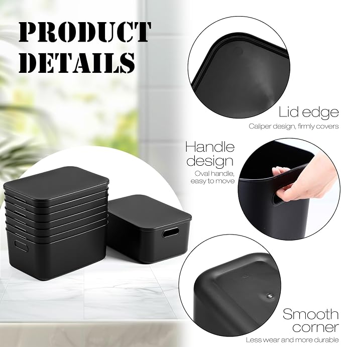 8 Pack Storage Bins, 13.8 X 9.8 X 5.9 Inch Black | Plastic Stackable Containers with Lid Handle, For Shelves Desktop Playroom Office, Organizing Toys Books Supplies Storage - Image 3