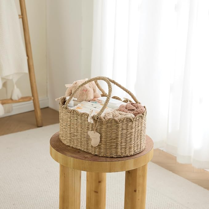 YANGQIHOME Diaper Caddy Organizer, Seagrass Nursery Baby Basket for Baby Essentials, Scalloped Wicker Diaper Caddy, Baby Shower Gifts (MeadowNest) - Image 6