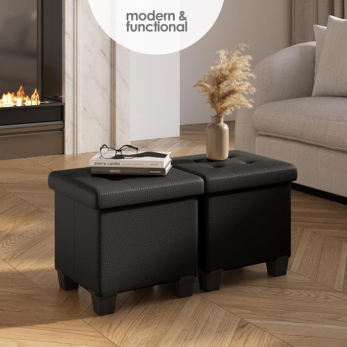 Storage Ottoman Cube with Small Bin, 15-in Square Ottoman with Storage for Living Room and Bedroom, Small Ottomans Foot Rest, Faux Leather Foot Stools Ottomans Max 330lbs, Black - Image 2