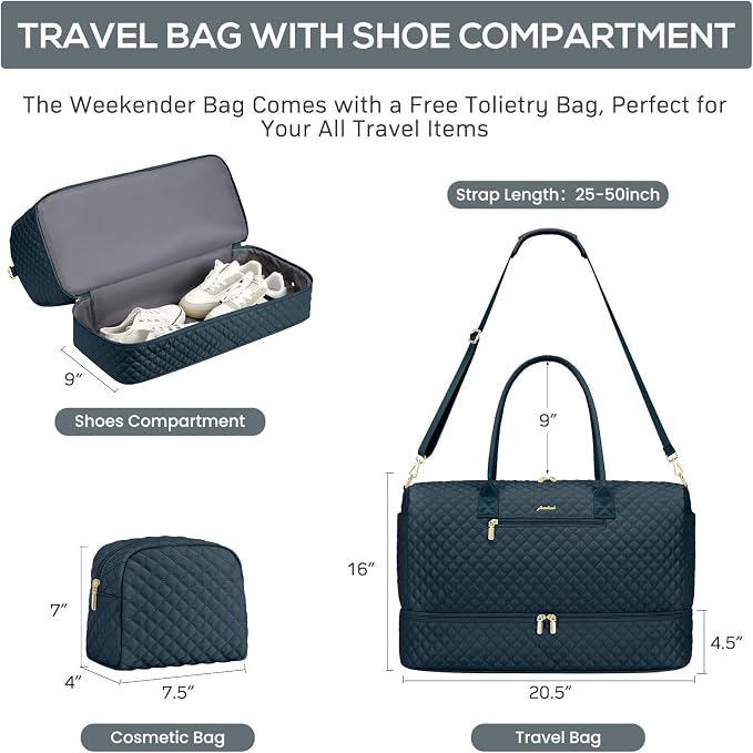 Travel Weekender Bags for Women - Duffle Bag Women with Shoe Compartment Carry On Overnight Bag with Toiletry Bag Duffel Bags with Wet Pocket for Gym Hospital Bags for Labor and Delivery Peacock Blue - Image 3