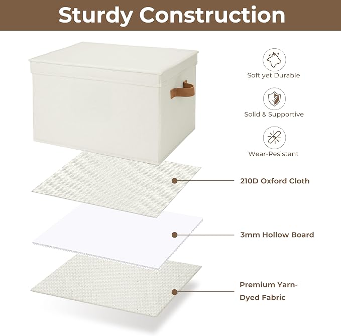 StorageWorks Fabric Storage Bins with Lids, Closet Storage Bins | Lidded Dust-proof, Easy Pull Handles, Foldable, Stackable, Ideal for Clothes Blanket Towel, Jumbo, Ivory, 3-Pack - Image 5