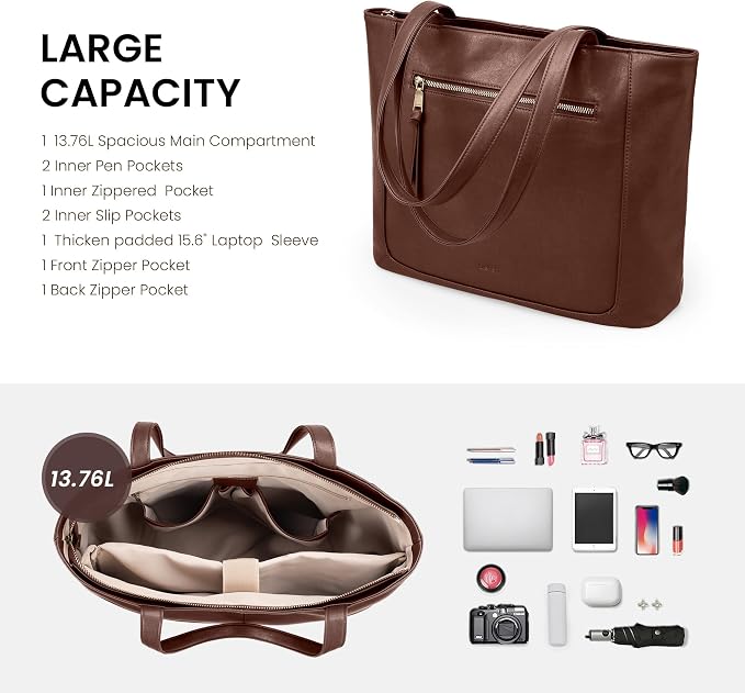 befen Genuine Leather Tote Bag for Women, Large Work Tote Bag with Zipper Leather Purse and Handbags with 15.6" Compartment - Image 4